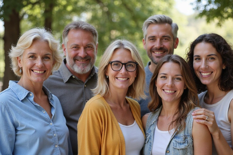 Image of diverse smiling people, representing client satisfaction, in a bright, natural setting. The group shows a range of ages and ethnicities, looking genuinely happy and healthy. There is no text in the image.